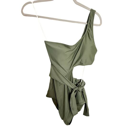 Aerie One Shoulder Tie Waist One Piece Swimsuit Olive Green Size Medium Long NEW - Picture 1 of 7